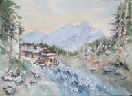 Akwarela Obraz Pejzaż Młyn wodny