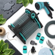 WĄŻ OGRODOWY ZWIJANY NA BĘBNIE STOJAKU PISTOLET ZRASZACZ ZŁĄCZKI - 30M