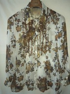 Bluzka biała w brązowe kwiaty z żabotem -42/44