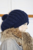 CZAPKA beret z pomponem RĘKODZIEŁO moher granat