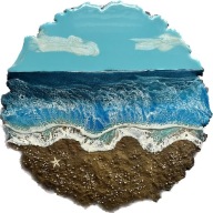 Morski pejzaż z żywicy na naturalnym plastrze drewna