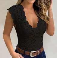 MODNA BLUZKA DAMSKA TOP NA RAMIĄCZKACH KORONKOWA CZARNA