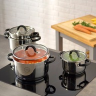 ZESTAW GARNKÓW STALOWYCH + WKŁAD DO GOTOWANIA NA PARZE MG HOME BLACK 9 el.