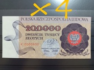 PRL 4 banknoty 200 000 zł 1989 r K0000800, K0000801, K0000802, K0000803 UNC