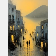 Stare miasto ludzie ocean plaża góry obraz olejny wydruk na płótnie 55x80