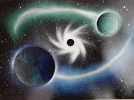 obraz plakat. Ręcznie malowany sprayem akryl. Planety czarna dziura 33x48cm