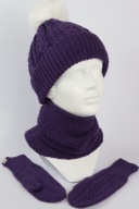Wełniany zestaw zimowy 3w1 czapka, komin, rękawiczki - wełna merino, fiolet