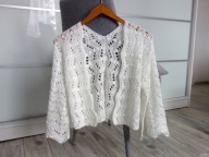 NOWY KARDIGAN SWETEREK HANDMADE SZYDEŁKOWY KRÓTKI BIAŁY LUŹNY 36 S