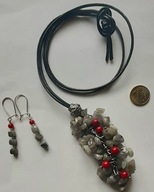 Naszyjnik : kiść labradorytu z koralem na skórzanym rzemieniu+ kolczyki