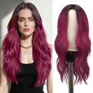 Peruka Ombre brąz - czerwone wino róż Długie Włosy Fale 55 cm