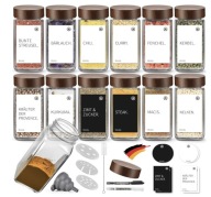 12 SZTUKI KWADRATOWE SŁOIKI NA PRZYPRAWY Z ETYKIETAMI I AKCESORIAMI