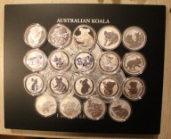KOALA 1 $ DOLAR AUSTRALIA 2007 - 2025 CAŁY KOMPLET 19 x 1 OZ 999, KASETA