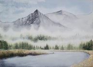 Obraz akwarelowy 26x36 Góry we mgle jezioro las ręcznie malowany oryginał