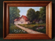 Chałupa pod lasem - ręcznie malowany pejzaż olejny na płótnie