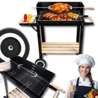 GRILL WĘGLOWY OGRODOWY DUŻY RUSZT ROŻEN PRZENOŚNY NA KÓŁKACH Z PÓŁKAMI
