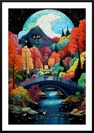 KOLOROWY PLAKAT OBRAZ A2 WIBRUJĄCY LAS JESIEŃ MOST NOC DO SALONU, PRACY ...