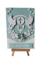 ZAPROSZENIA KOMUNIA CHŁOPIEC KIELICH Z HOSTIĄ GOŁĘBIE – B6 – BŁĘKIT – BIEL