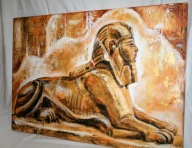 ELEGANCKI OBRAZ GO-BI EGIPT NA PŁÓTNIE SFINKS CERTYFIKAT VINTAGE ANTYK