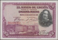 Hiszpania 50 peset 1928 - Diego Velazquez - stan bankowy UNC -