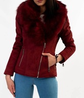 Kurtka Ramoneska z futerkiem bordowa eko zamsz zamki s