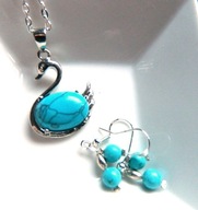 Turkusowy wisiorek z łabędziem, kolczyki, zestaw biżuterii