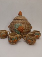 VINTAGE MAJOLIKA WAZA DO PONCZU Z KUBECZKAMI winogrona