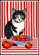 A2 PLAKAT DO KUCHNI JADALNI POMIDORY KOT PRZY PÓŁMISKU Z POMIDORAMI