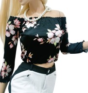 WOW welurowa bluzka hiszpanka w kontrastowy kwiatowy wzór XS/S