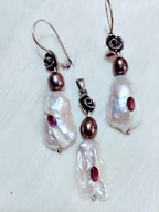 Perły naturalne ,barokowa biała perla /rubelity / komplet srebro 925 pr