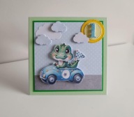 Kartka urodzinowa ręcznie robiona, urodziny, roczek krokodyl w aucie