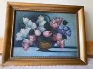 PRZEDWOJENNY OBRAZ OLEJNY W RAMIE,PŁÓTNO, BZY I TULIPANY W WIKLINOWYM KOSZU