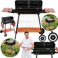 GRILL WĘGLOWY OGRODOWY DUŻY STALOWY RUSZT 33X53CM SKŁADANE DREWNIANE PÓŁKI