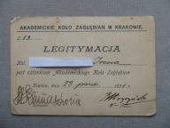 KRAKÓW AKADEMICKIE KOŁO ZAGŁĘBIAN LEGITYMACJA - 1931 - DOKUMENT - przedw.