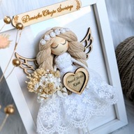 ANIOŁEK RAMKA z Imie MAKRAMA PAMIĄTKA PREZENT na CHRZEST roczek Anioł Stróż