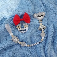 Komplet Zawieszka do smoczka imienna silikonowa misiu agrafka do wózka