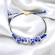 Bransoletka Ceramiczna BOHO Niebieskie Kwiaty Sznurek