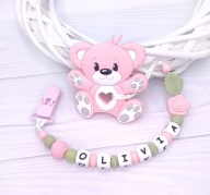 Imienny uchwyt na smoczek z gryzakiem silikonowym - personalizowany, wzory