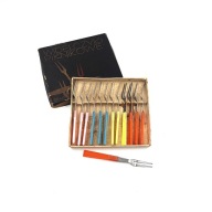 Widelczyki piknikowe z PRL 12 szt kolorowe lata 70 stal nierdzewna vintage