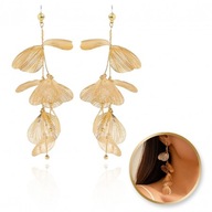 KOLCZYKI WISZĄCE TIULOWE ZŁOTE EFEKTOWNE KWIATY 5X12 CM