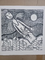 Anioł nad miastem. 30 × 30 cm. 2025 r. (linoryt)