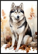 A2 59,4x42 PLAKAT OBRAZ PIES HUSKY SYBERYJSKI, JESIEŃ AKWARELA, DO SALONU..