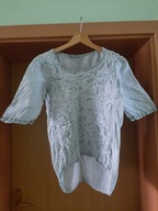 Bluzka damska L włoska Len zieleń khaki jasna rękaw 3/4 taliowana