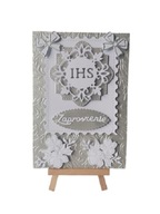 ZAPROSZENIA KOMUNIA UNIWERSALNE IHS W RAMCE KOKARDY B6 SREBRO – BIEL