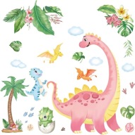 Bajkowe Różowe Dinozaury Palmy Naklejki Ścienne Chmury do Pokoju Dziecka