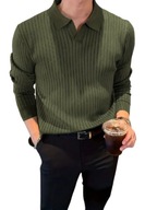 Sweter Męski z Kołnierzykiem Polo V-Neck – Stylowy - Wojskowa Zieleń