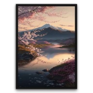 Plakat z ramą 30x40cm Jezioro Sakura Japonia Widok Pejzaż Zen Styl Retro