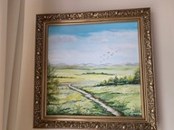 Obraz akrylowy pejzaż klucz ptaków nad łąką 50cm x 50cm