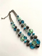 vintage naszyjnik koraliki niebieskie srebrne zielone dwa sznury lata 60