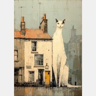 Gigantyczny duży biały kot siedzi przy budynku w mieście obraz płótno 58x85