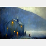 Dom noc światło jezioro góry zima niebieski fantasy tajemniczo obraz 55x80